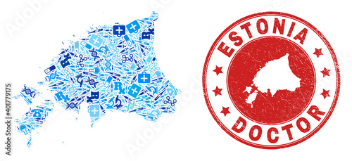 Vector collage Estonia map with healthcare icons, receipt symbols, and grunge healthcare rubber imitation. Red round watermark with grunge rubber texture and Estonia map word and map. photo