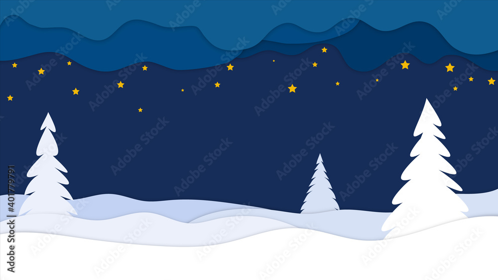 Merry Christmas and Happy New Year. Night winter landscape. Vector Illustration