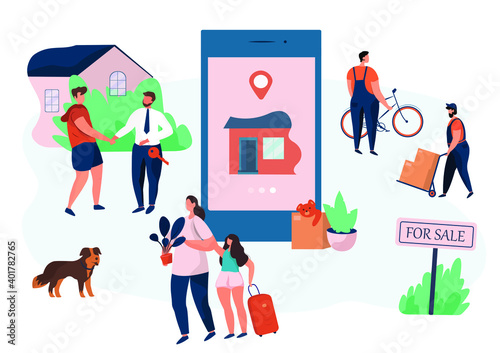 Buy a House Online.Family Characters Buy New House in Internet.Realtor Gives Key to Family.Buying Real Estate Apartments.House For Sale.Moving Home.Relocation Process.Flat Vector Illustration 
