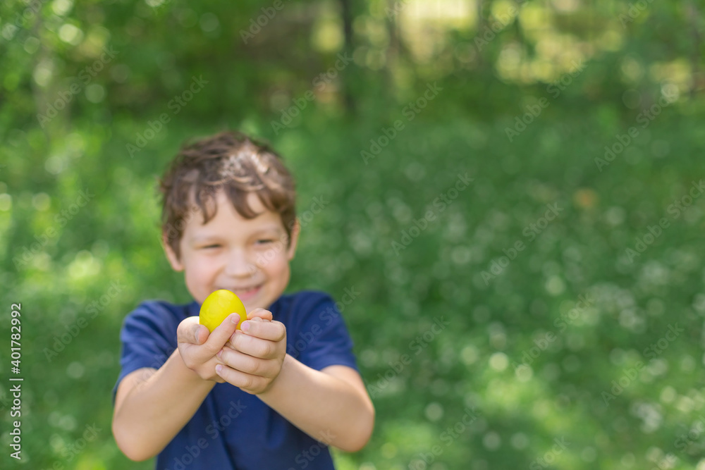 Easter yellow colored egg in boys hand in blooming spring garden. Preschooler boy plays outdoors, he is Easter egg hunt alone. Copy space. Easter yellow colored egg in boys hand in blooming spring garden. Preschooler boy plays outdoors, he is Easter egg hunt alone. Copy space.