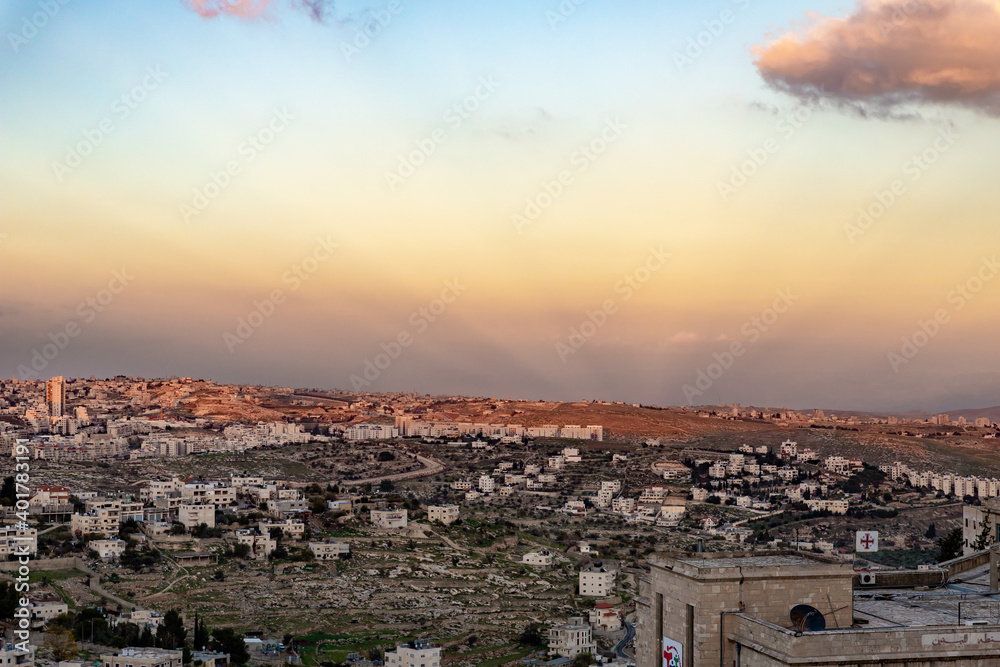 View of Bethlehem and its suburbs from the roof of a tall building in Bethlehem in the Palestinian Authority, Israel