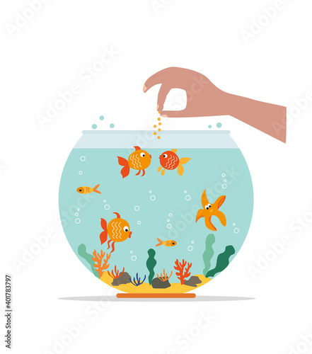 Goldfish in fishbowl. Aquarium with swimming gold exotic fish. Feed fishes. Underwater aquarium habitat with sea plants. Flat vector drawn illustration, isolated objects.