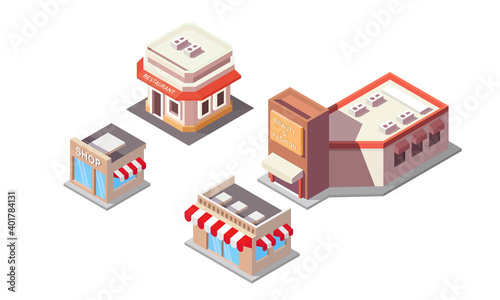 Isometric vector illustration of a shop and restaurant building. Perfect for design elements from business promotions, shopping commercial, and sales. Modern and flat isometric illustration set.