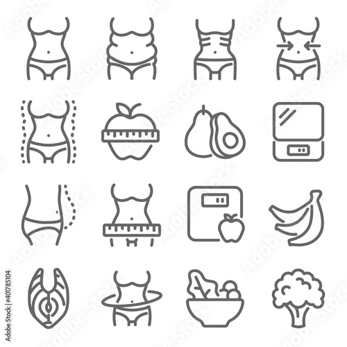 Diet icon illustration vector set. Contains such icons as Body, Diet, Skinny, Fat, Weight loss, Overweight, Fitness, and more. Expanded Stroke