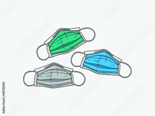 Medical mask or surgical mask, Dentist mask, that protects airborne diseases, viruses. Coronavirus. Defence from air pollution. illustration, Vector, isolated on white background. doodle art. 