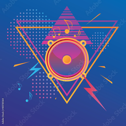 Colorful trendy electronic music design - speaker and notes