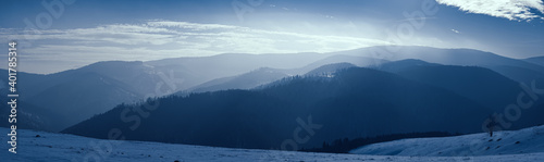sun over the winter mountains with snow, Cindrel mountains, Paltinis, Romania