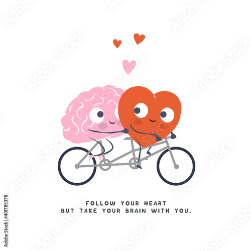 Cartoon Illustration of the Heart and Brain ride Bicycle. Heart and Brain fall in love. Happy Valentines Day Lettering.