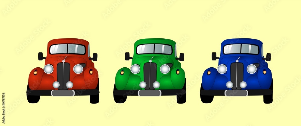 Variants of an old classic car, front view. Vector illustration