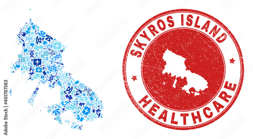 Vector mosaic Skyros Island map with syringe icons, test symbols, and grunge health care seal stamp. Red round seal with corroded rubber texture and Skyros Island map text and map. Vector mosaic Skyros Island map with syringe icons, test symbols, and grunge health care seal stamp. Red round seal with corroded rubber texture and Skyros Island map text and map.