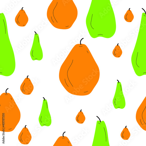 Two sorts of pears in seamless pattern on white. Orange color and green, round pear and 
elongated pear. Simple and flat hand drawn design. 