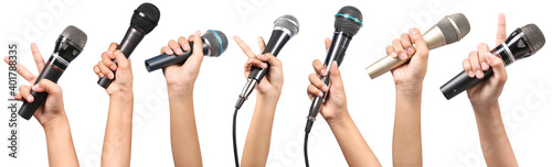 Collection microphone, woman's hand holding microphone isolated on white background