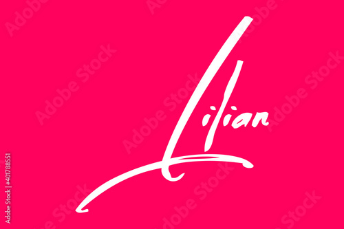 Lilian-Female Name Beautiful Calligraphy White Color Text On Dork Pink Background photo