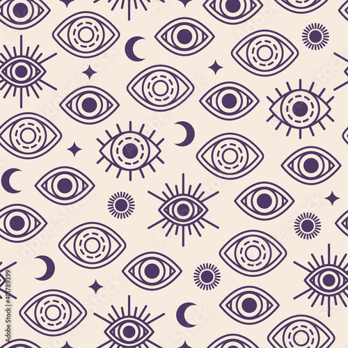 Seamless Pattern with Eye, Moon and Sun. Vector illustration. Alchemy Symbols, Occult and Mystic Signs on White Background with Stars.