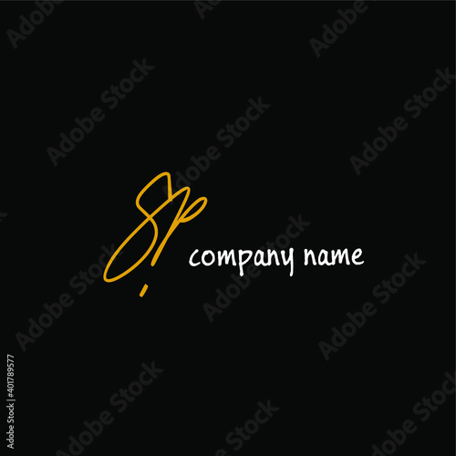 Sp Initial handwriting or handwritten logo for identity. Gold logo with signature and hand-drawn style on black background.