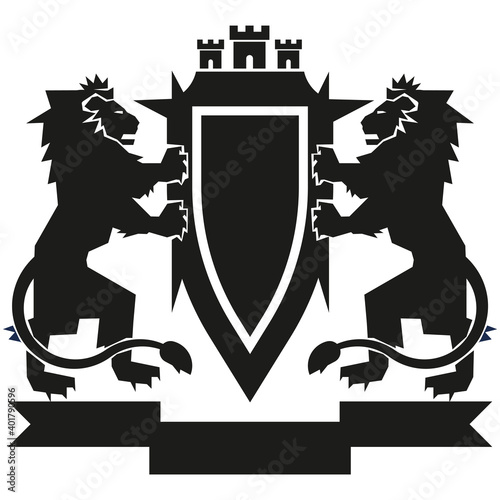Heraldry, lions hold a shield.
Illustrative-graphic poster, blue color, flat image. 