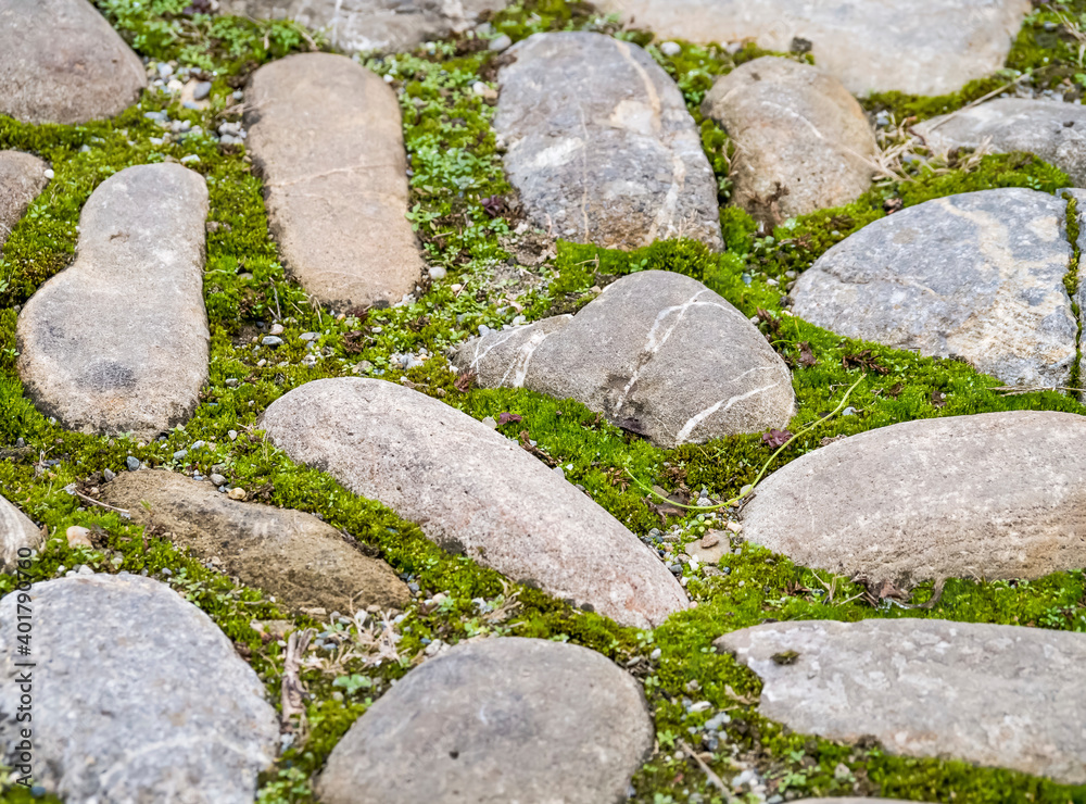 Green moss between big rocks or stones. Close up with a cobblestone road.