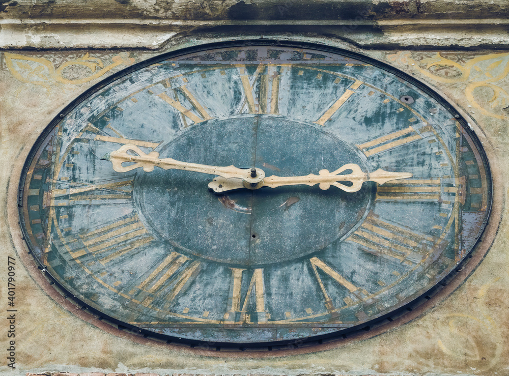 Close up with the clock from the iconic Clocktower in Sighisoara citadel.