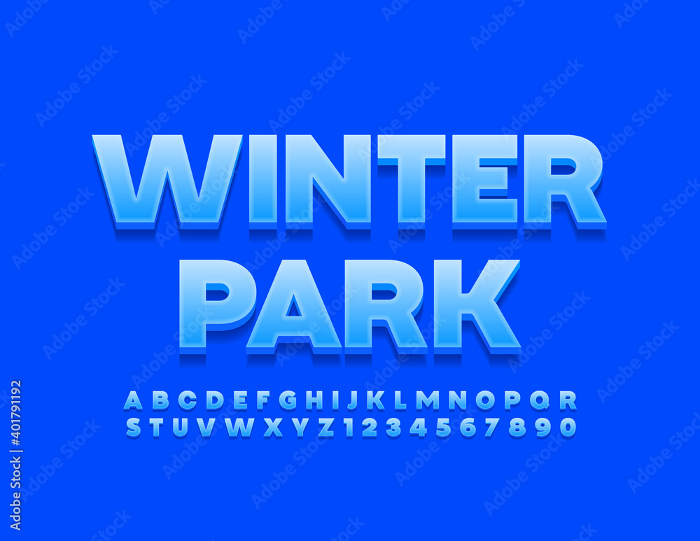 Vector blue banner Winter Park. 3D modern Font. Set of stylish Alphabet Letters and Numbers