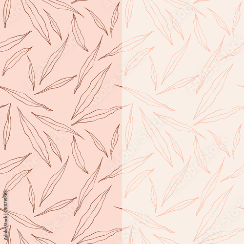 Doodle leaves seamless pattern background. Repeating wavy line vector.
