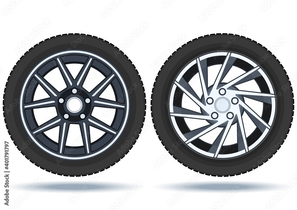 Fototapeta premium Car wheel, set. Realistic design. Vector illustration on a white background.