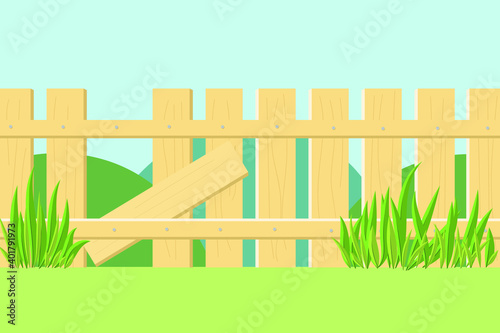 Natural background with wooden fence and grass.Vector illustration.
