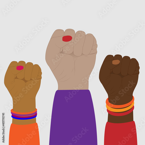 Raised hands. Demonstration revolution of protest.
Symbol of diversity and inclusion, human rights, feminism, the concept of justice and equality. Black lives matter movement.