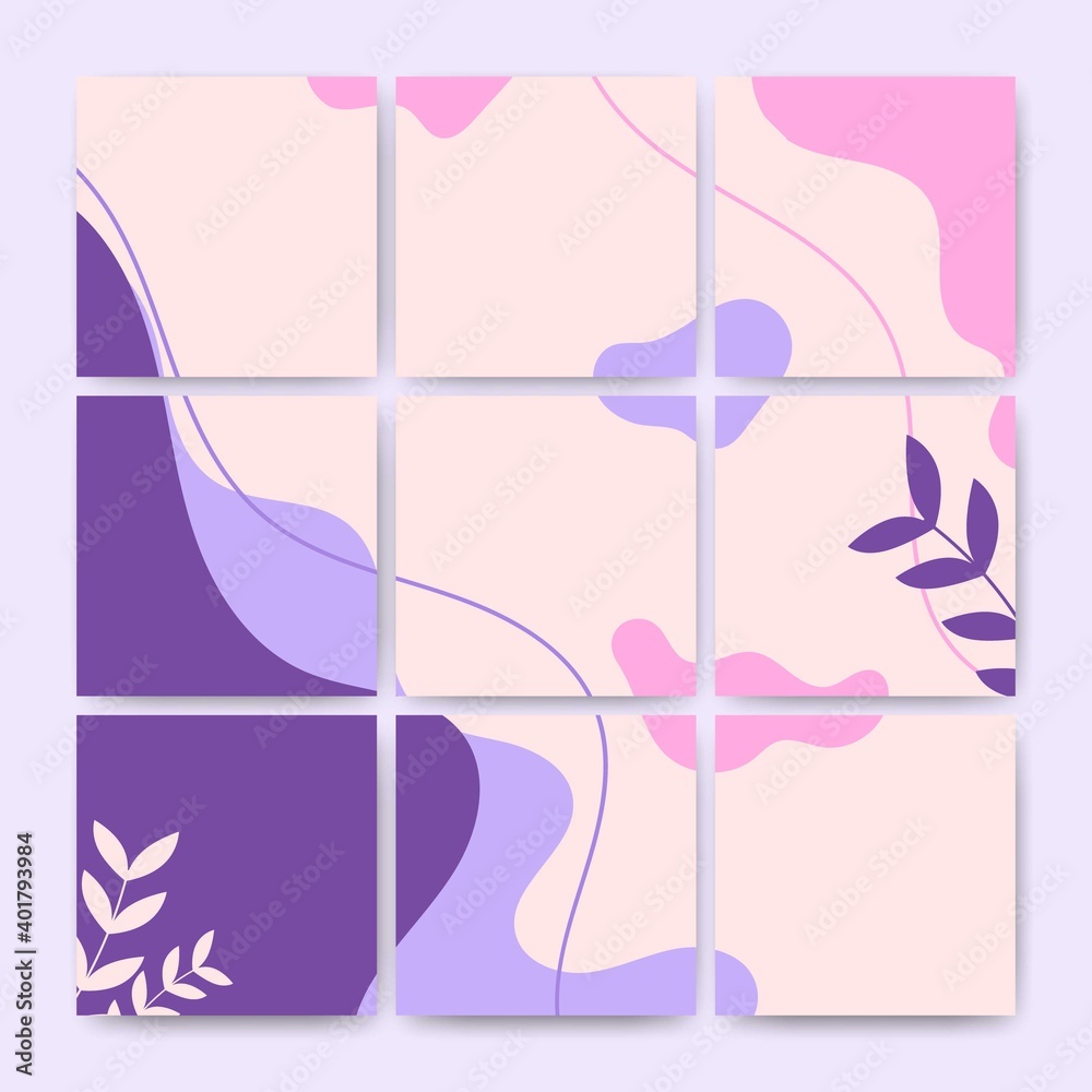 Fototapeta premium Set of editable square puzzle banner template. Social media post template design. Abstract shape with stripe line and leaf decoration. Usable for social media post, and banners. Flat design vector