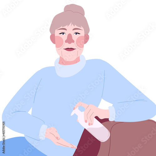 Protective measures against coronavirus infection. An elderly woman disinfects her hands with a spray. Precautions for retirees during a pandemic. Close-up. Vector illustration isolated on white.