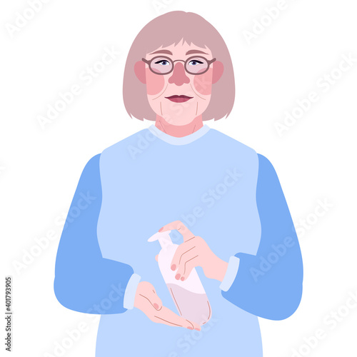 Protective measures against coronavirus infection. An elderly woman disinfects her hands with a spray. Precautions for retirees during a pandemic. Close-up. Vector illustration isolated on white.