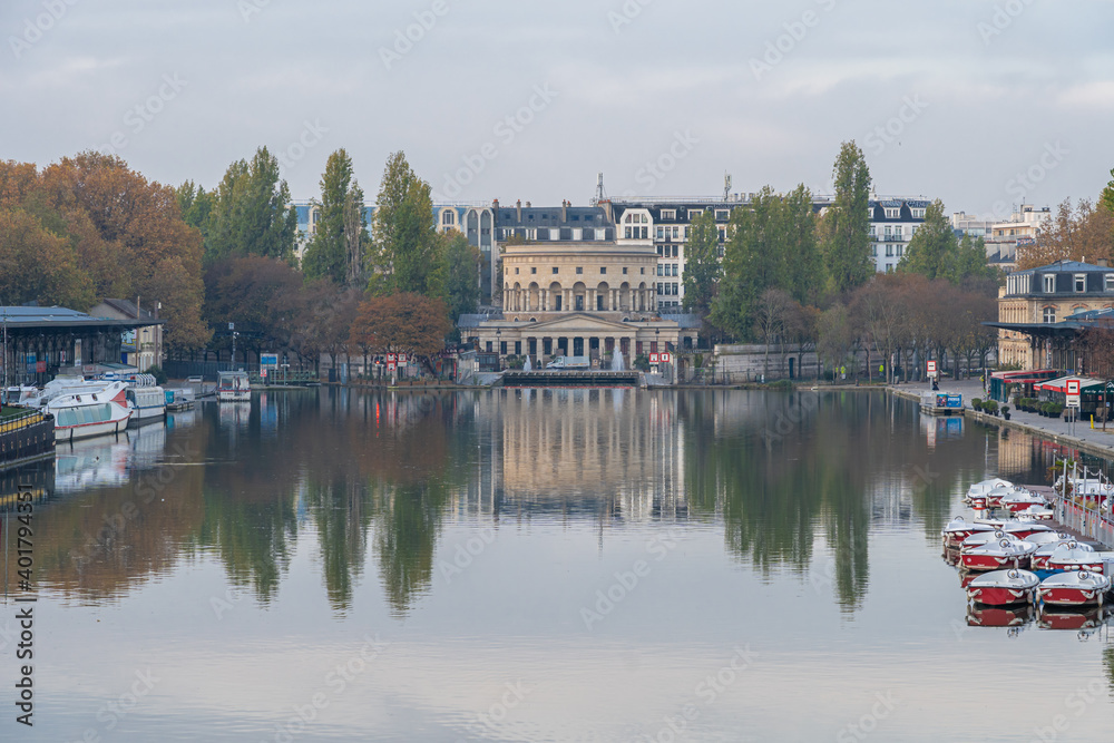 Paris, France - 11 07 2020: View of the Basin of the villette and the The Ledoux rotunda at sunrise