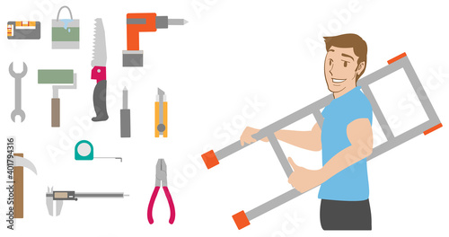 梯子をもつ男性とDIYツールのセット