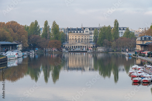 Paris, France - 11 07 2020: View of the Basin of the villette and the The Ledoux rotunda at sunrise