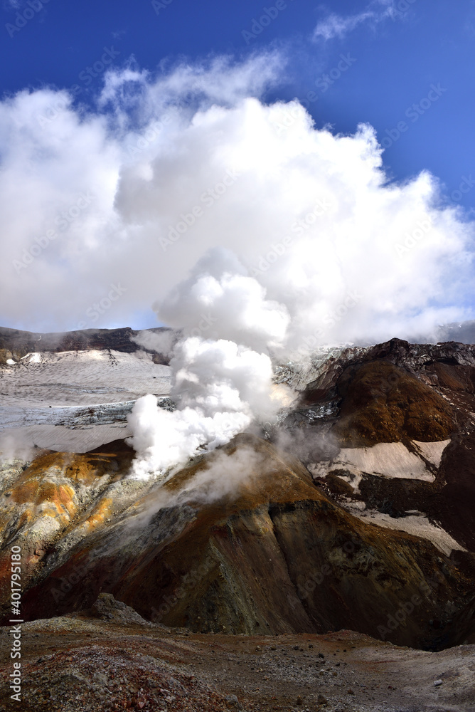 Steam-gas emissions in the crater of Mutnovsky volcano in Kamchatka