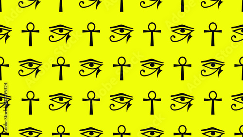 Vector Illustration of Pattern Design Wallpaper with Motif of Amun Ra Symbol and Anubis Symbols On Yellow Background
