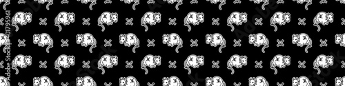 Punk rock rat monochrome vector seamless border. Simple alternative banner. Kids emo rocker cute hand drawn cartoon grungy tattoo with attitude motif. 
