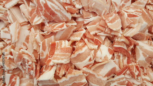 Red pork. Elongated pork belly. Sliced ​​pork belly.Fresh sliced bacon
