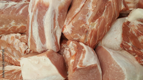 Pieces of Fresh pork meat.Raw pork meat steak closeup.Perfect Big Cut of Raw Loin Pork .
