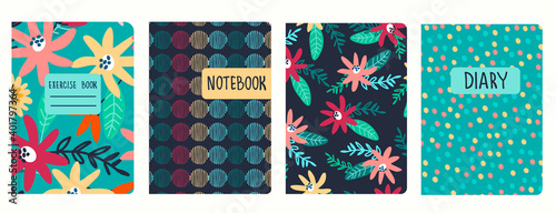 Cover page templates based on seamless patterns with hand drawn wild flowers, abstract colorful circles, confetti. Perfect for exercise books, notebooks, diaries
