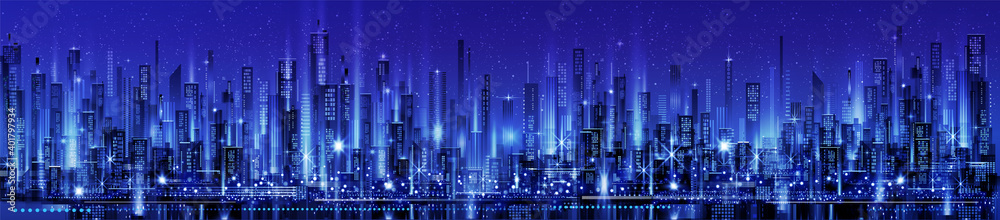 Night city skyline with neon glow.  Illustration with architecture, skyscrapers, megapolis, buildings, downtown.