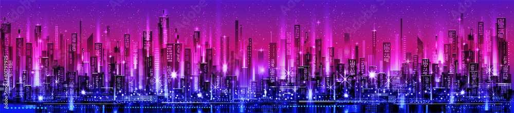 Night city skyline with neon glow and vivid colors.  Illustration with architecture, skyscrapers, megapolis, buildings, downtown.