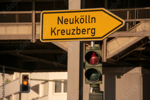 Road sign to Neukolln and Kreuzberg in west Schoneberg berlin Germany