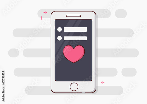 White smartphone. Declaration of love in the messenger. Heart sign of love. Heart sticker.