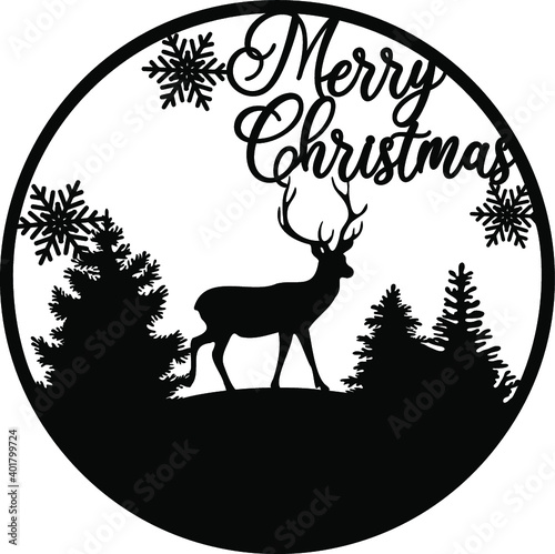 Merry Christmas sign with Deer in Wood, Template Cut Design