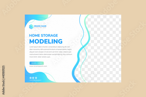 Fototapeta Naklejka Na Ścianę i Meble -  flyer template design of home storage modeling use blue gradient colors on element. liquid style on white background. diagonal line pattern. horizontal layout with space for photo collage. 