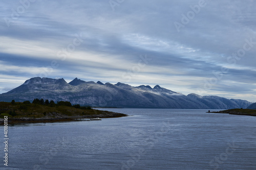 view from the sea side on the seven sister mountains in northern norway
