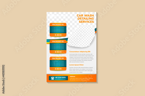 flyer template design of car wash detailing services use blue and orange gradient colors in element. soft grey background with curve border of photo space. vertical layout.