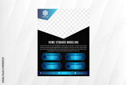 flyer template design of home storage modeling use blue gradient colors on element and white text. hexagon shape as infographic. half hexagon for photo space. vertical layout with black background.