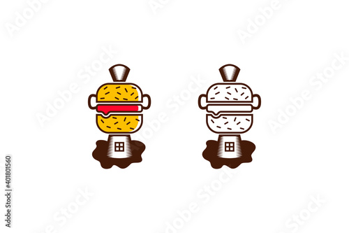 Set of home burger logo template design use brown color in outline and red yellow in shape. combination  from stove, burger and window as home symbol. 