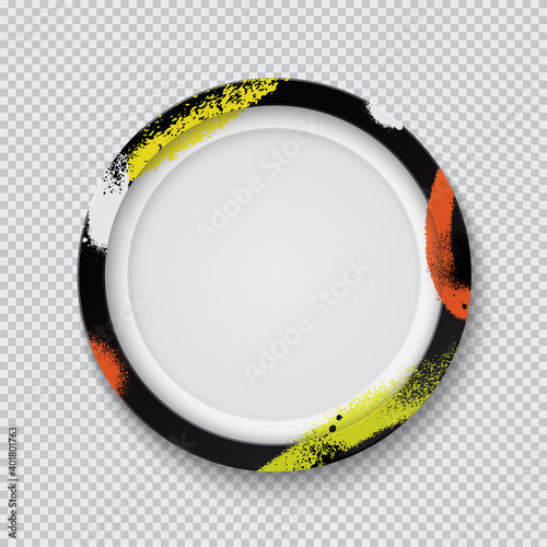 Realistic black circle photo frame painted with graffiti paint on a transparent background. Vector illustration.